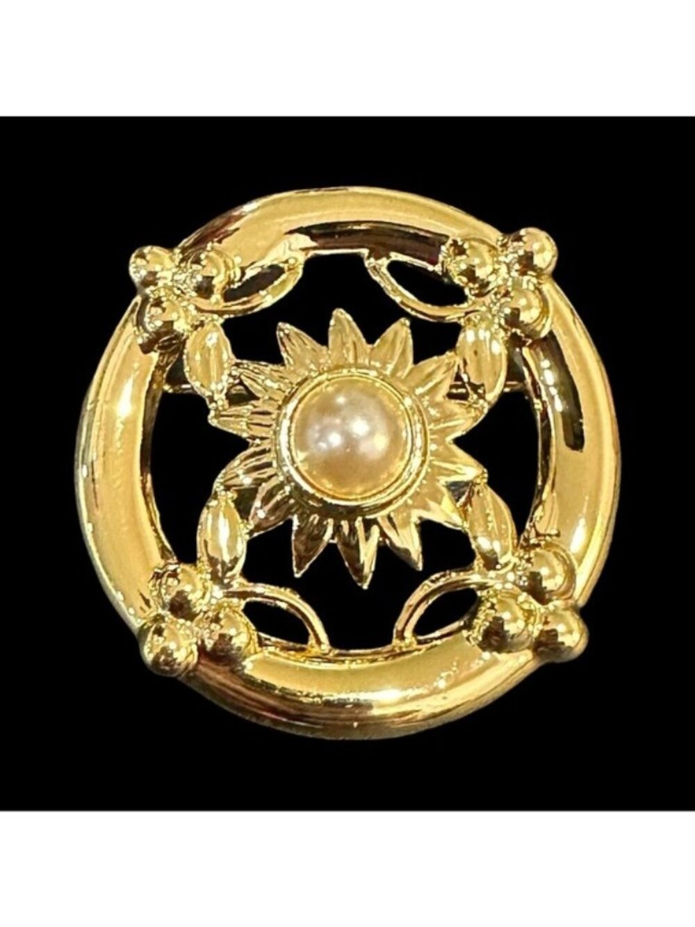 Vintage Danecraft Brooch Floral Sunburst Center Gold Tone Signed Womens Jewelry
